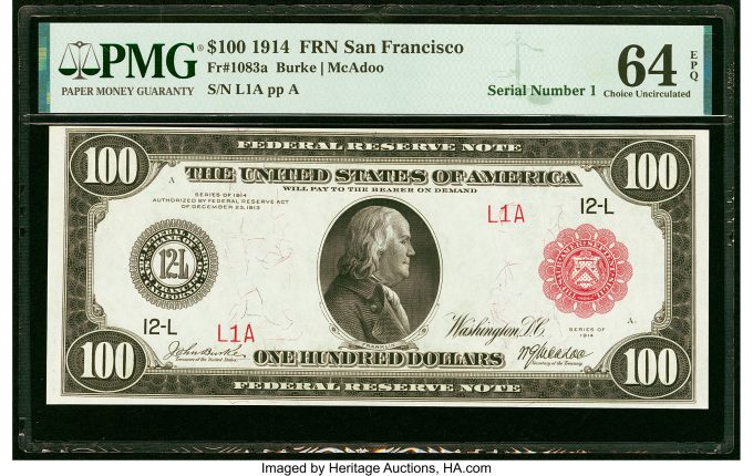 Serial Number 1 Fr. 1083a $100 1914 Red Seal Federal Reserve Note PMG Choice Uncirculated 64 EPQ