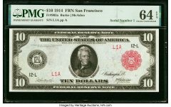 Serial Number 1 Fr. 903a $10 1914 Red Seal Federal Reserve Note PMG Choice Uncirculated 64 EPQ