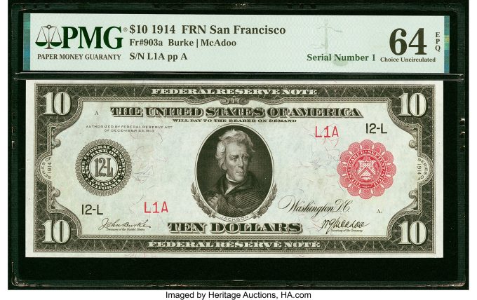 Serial Number 1 Fr. 903a $10 1914 Red Seal Federal Reserve Note PMG Choice Uncirculated 64 EPQ