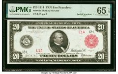 Serial Number 1 Fr. 963a $20 1914 Red Seal Federal Reserve Note PMG Gem Uncirculated 65 EPQ