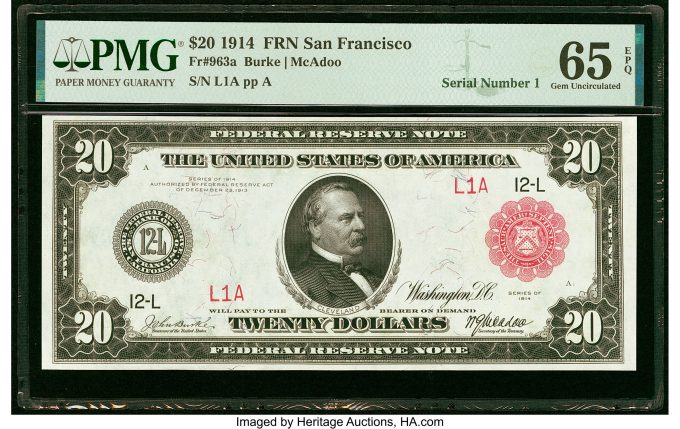 Serial Number 1 Fr. 963a $20 1914 Red Seal Federal Reserve Note PMG Gem Uncirculated 65 EPQ