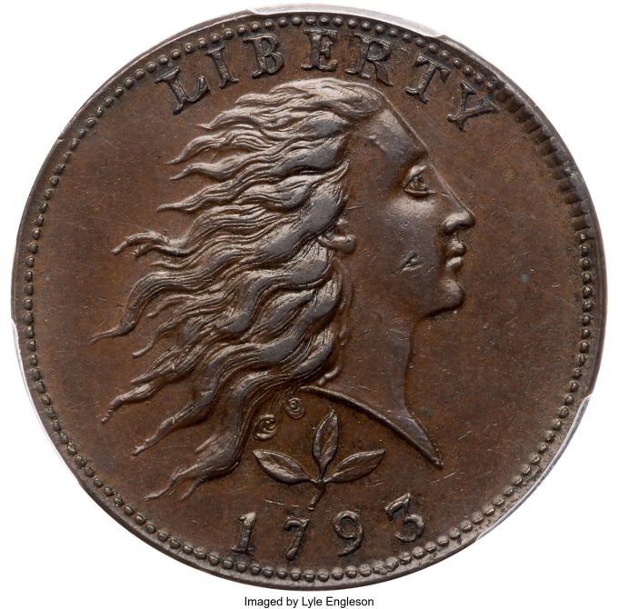 1793 1C S-5 R4 Wreath Cent, Vine & Bars Edge, Large LIBERTY, MS62 Brown