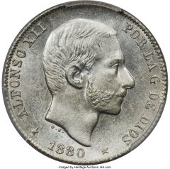 Spanish Colony. Alfonso XII 20 Centavos 1880 MS65