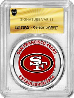 The back of each NFL round has the colorized name of a team, such as the 49ers