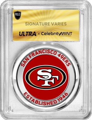 The back of each NFL round has the colorized name of a team, such as the 49ers