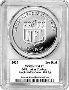 The front of a PCGS-certified NFL round
