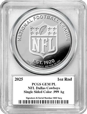 The front of a PCGS-certified NFL round