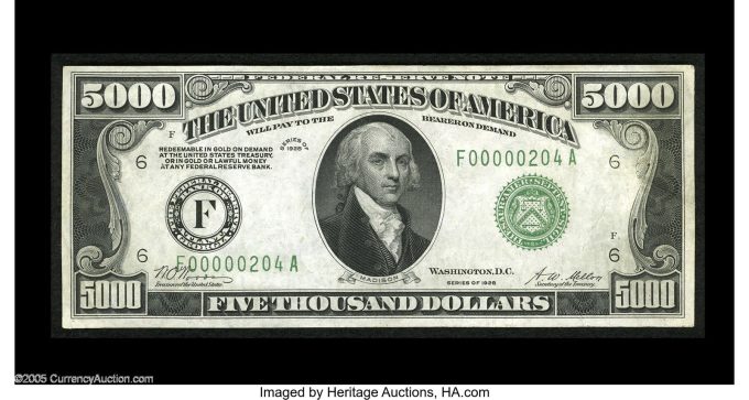Fr. 2220-F $5000 1928 Federal Reserve Note. About Uncirculated