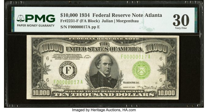 Fr. 2231-F $10,000 1934 Federal Reserve Note. PMG Very Fine 30