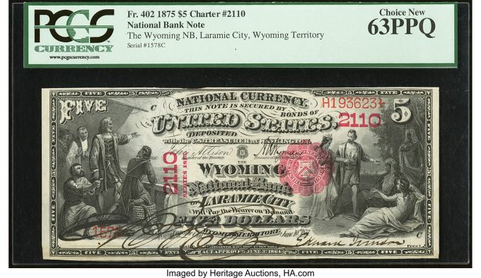 Laramie City, Wyoming Territory - $5 1875 Fr. 402 The Wyoming National Bank