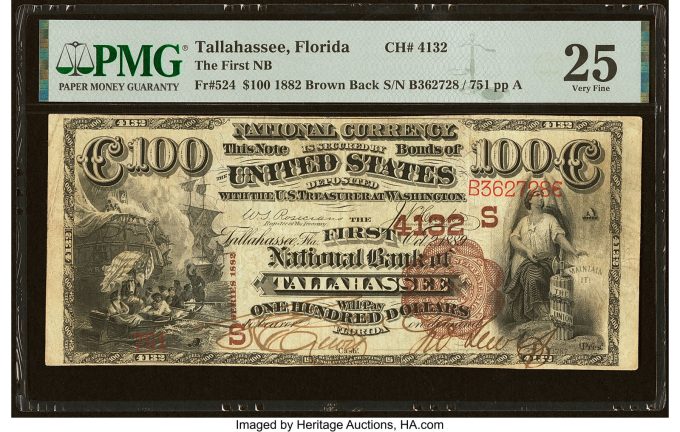 Tallahassee, FL - $100 1882 Brown Back Fr. 524 The First National Bank