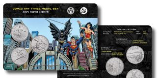 U.S. Mint Reveals First Comic Art Three-Medal Set With Superman, Batman, Wonder Woman Two of several U.S. Mint product images for its Comic Art Three Medal Set featuring for Superman, Batman, Wonder Woman