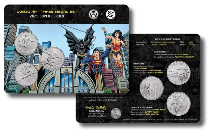 Two of several U.S. Mint product images for its Comic Art Three Medal Set featuring for Superman, Batman, and Wonder Woman