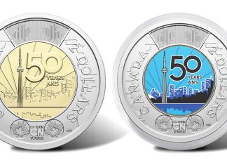 CN Tower’s 50th Anniversary Celebrated on New Canadian $2 Coins 2026 $2 50th Anniversary of the CN Tower Coins - Non-color and Colorized