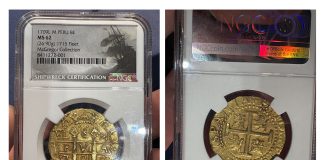 Stolen Sunken Treasure Gold Coin Recovered at CSNS Show Recovered 1709 Lima 8 Escudos