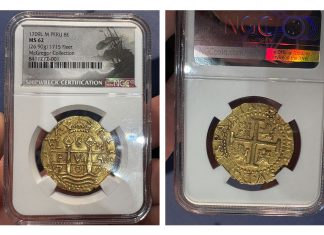 Stolen Sunken Treasure Gold Coin Recovered at CSNS Show Recovered 1709 Lima 8 Escudos