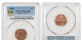 DLRC Lincoln Cent Registry Set Sale Led by $64,000 Doubled Ear Cent 1988 1C PCGS MS63RB (Doubled Ear, FS-101