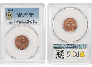 DLRC Lincoln Cent Registry Set Sale Led by $64,000 Doubled Ear Cent 1988 1C PCGS MS63RB (Doubled Ear, FS-101