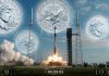 U.S. Mint Sends 2026 Semiquincentennial Coins to Space Rocket launch from a pad with oversized silver coins floating in the sky and a NASA logo in the upper right, conveying a financial/space motif.