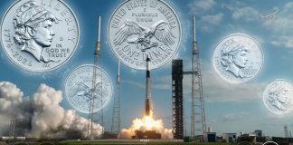 U.S. Mint Sends 2026 Semiquincentennial Coins to Space Rocket launch from a pad with oversized silver coins floating in the sky and a NASA logo in the upper right, conveying a financial/space motif.