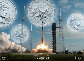 U.S. Mint Sends 2026 Semiquincentennial Coins to Space Rocket launch from a pad with oversized silver coins floating in the sky and a NASA logo in the upper right, conveying a financial/space motif.