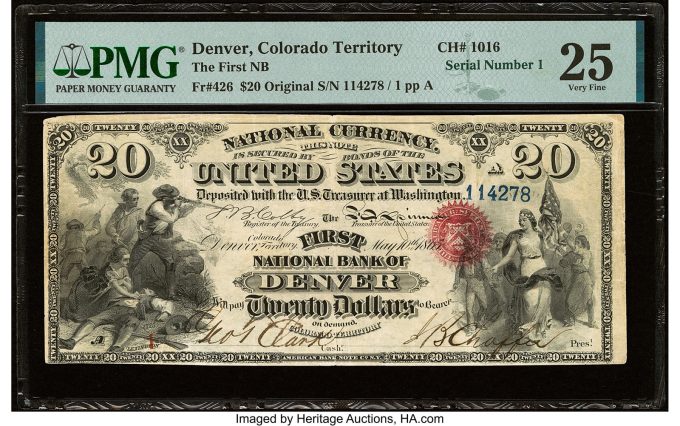 Serial Number 1 Denver, Colorado Territory - $20 Original Fr. 426