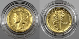 US Mint Sales: Mercury Dime Set and FIFA Coins Debut Best of the Mint 1916 Mercury Dime Gold Coin - Obverse and Reverse