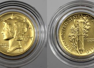 US Mint Sales: Mercury Dime Set and FIFA Coins Debut Best of the Mint 1916 Mercury Dime Gold Coin - Obverse and Reverse