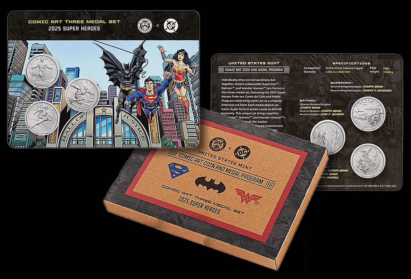 Comic Art Three-Medal Set - Superman, Batman, Wonder Woman