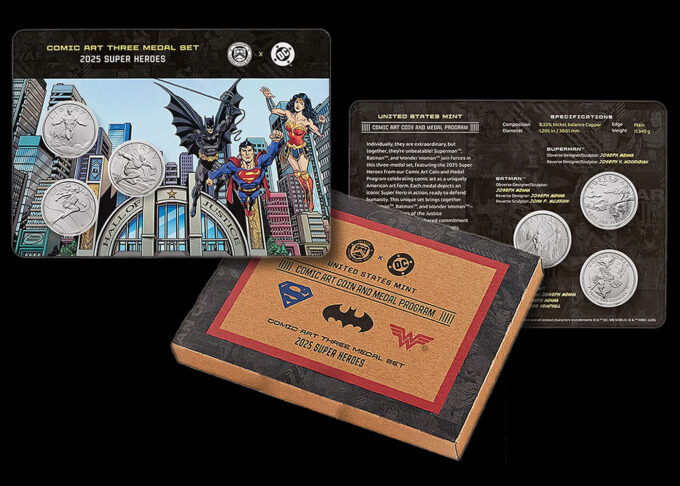 Comic Art Three-Medal Set with Superman, Batman, Wonder Woman