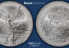 1998 Silver Libertad Sells for $46,125 as Prices Surge Pair of silver Mexican coins shown side by side, one showing a winged figure on a pedestal with mountains in the background and inscriptions '1 ONZA PLATA PURA 1998 LEY 999', the other featuring the Mexican coat of arms with an eagle and snake above a cactus, surrounded by 'ESTADOS UNIDOS MEXICANOS'.