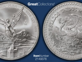 1998 Silver Libertad Sells for $46,125 as Prices Surge Pair of silver Mexican coins shown side by side, one showing a winged figure on a pedestal with mountains in the background and inscriptions '1 ONZA PLATA PURA 1998 LEY 999', the other featuring the Mexican coat of arms with an eagle and snake above a cactus, surrounded by 'ESTADOS UNIDOS MEXICANOS'.