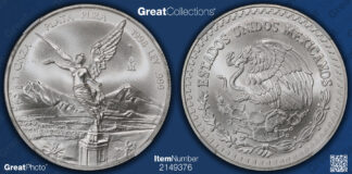 1998 Silver Libertad Sells for $46,125 as Prices Surge Pair of silver Mexican coins shown side by side, one showing a winged figure on a pedestal with mountains in the background and inscriptions '1 ONZA PLATA PURA 1998 LEY 999', the other featuring the Mexican coat of arms with an eagle and snake above a cactus, surrounded by 'ESTADOS UNIDOS MEXICANOS'.