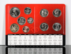 Red display page with multiple shiny U.S. coins arranged on left and right, and a table of coin denominations at the bottom showing names like penny, nickel, dime, and quarter.