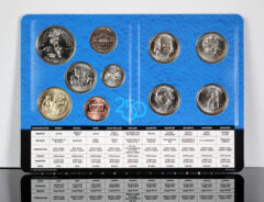 Blue coin album page featuring assorted United States coins arranged on a textured blue background with a denomination chart at the bottom of the page.