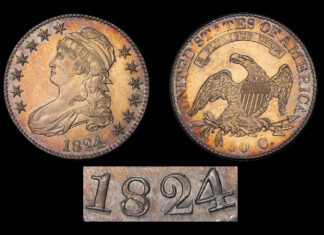 First Known Proof 1824/1 Half Dollar Heads to Auction Proof 1824/1 overdate Capped Bust half dollar