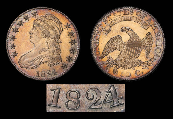 Proof 1824/1 overdate Capped Bust half dollar