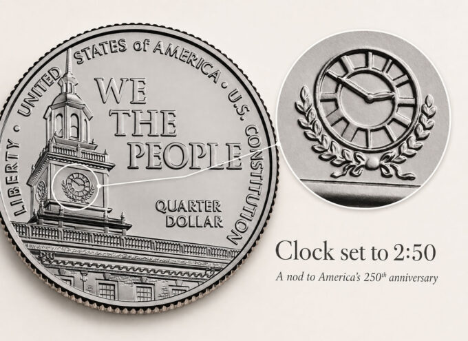 An enlarged view of the 1776 ~ 2026 U.S. Constitution quarter reveals Independence Hall's clock