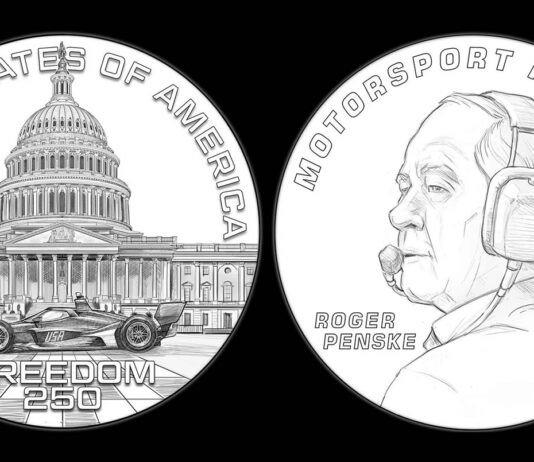 Hours Left to Order U.S. Mint Freedom 250 Race Medal Obverse and reverse of the 2026 U.S. Mint Freedom 250 Race Medal, showing an IndyCar and the U.S. Capitol on one side and a portrait of Roger Penske on the other.