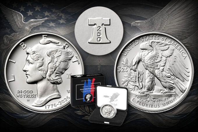1776-2026 Uncirculated Palladium Eagle coin - sides, bell and case
