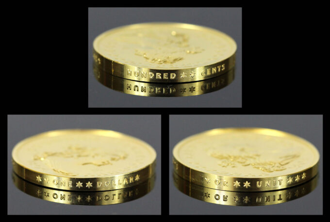 Best of the Mint 1804 Silver Dollar Gold Coin, Raised Edge Lettering | CoinNews Three CoinNews photos of raised edge lettering on the Best of the Mint 1804 Silver Dollar Gold Coin, highlighting HUNDRED CENTS ONE DOLLAR OR UNIT.