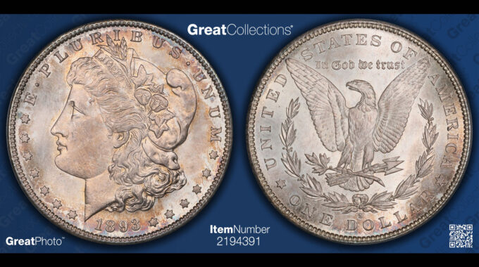 Obverse and reverse of an 1893-S Morgan silver dollar graded PCGS MS-65 with CAC approval, the Clapp–Eliasberg specimen.