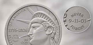 U.S. Mint Offers Limited-Time 9/11 Privy Half Dollars Illustration of 2026 Enduring Liberty half dollar with NEVER FORGET 9/11 privy mark