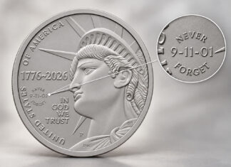 U.S. Mint Offers Limited-Time 9/11 Privy Half Dollars Illustration of 2026 Enduring Liberty half dollar with NEVER FORGET 9/11 privy mark