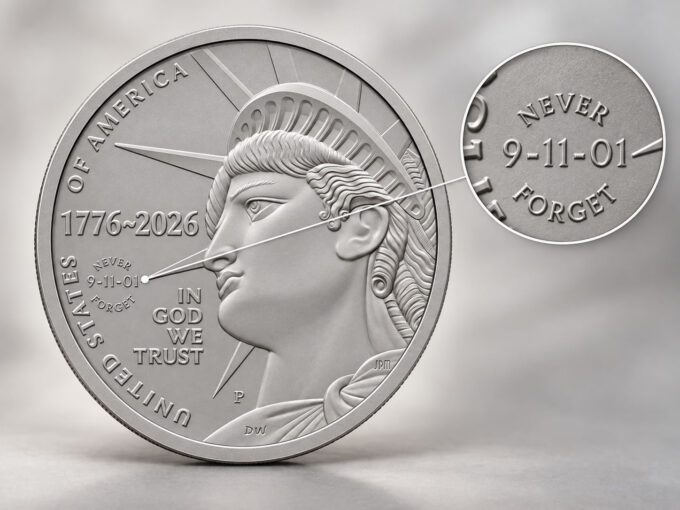2026 Enduring Liberty 9/11 Privy Half Dollar | CoinNews Illustration of 2026 Enduring Liberty half dollar with NEVER FORGET 9/11 privy mark