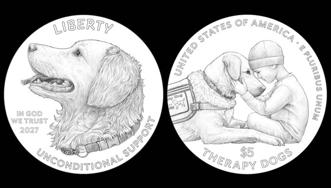 Line-art designs for the 2027 Working Dogs Commemorative gold coin honoring therapy dogs