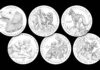 2027 Working Dogs Coins Honor Therapy, Service and K-9 Roles Row of six dog-themed commemorative coins showing different breeds and scenes, set against a black background.