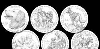 2027 Working Dogs Coins Honor Therapy, Service and K-9 Roles Row of six dog-themed commemorative coins showing different breeds and scenes, set against a black background.