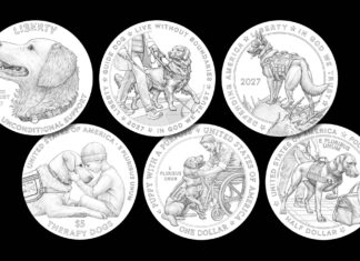 2027 Working Dogs Coins Honor Therapy, Service and K-9 Roles Row of six dog-themed commemorative coins showing different breeds and scenes, set against a black background.