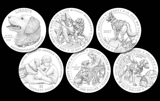 Line-art designs for the 2027 Working Dogs Commemorative gold coin, silver dollar and clad half dollar